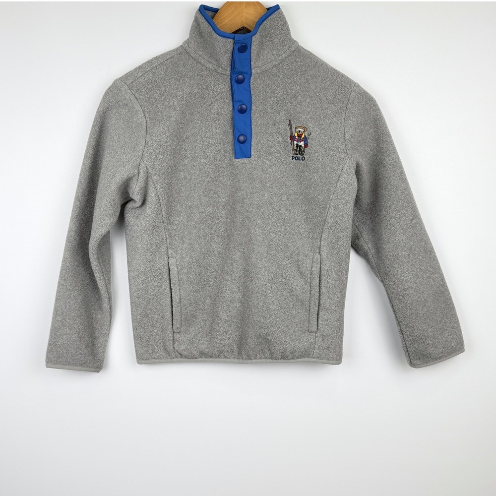 Polo Ralph Lauren Fleece Pullover Boys Size 8 Gray Ski Bear Snap Neck